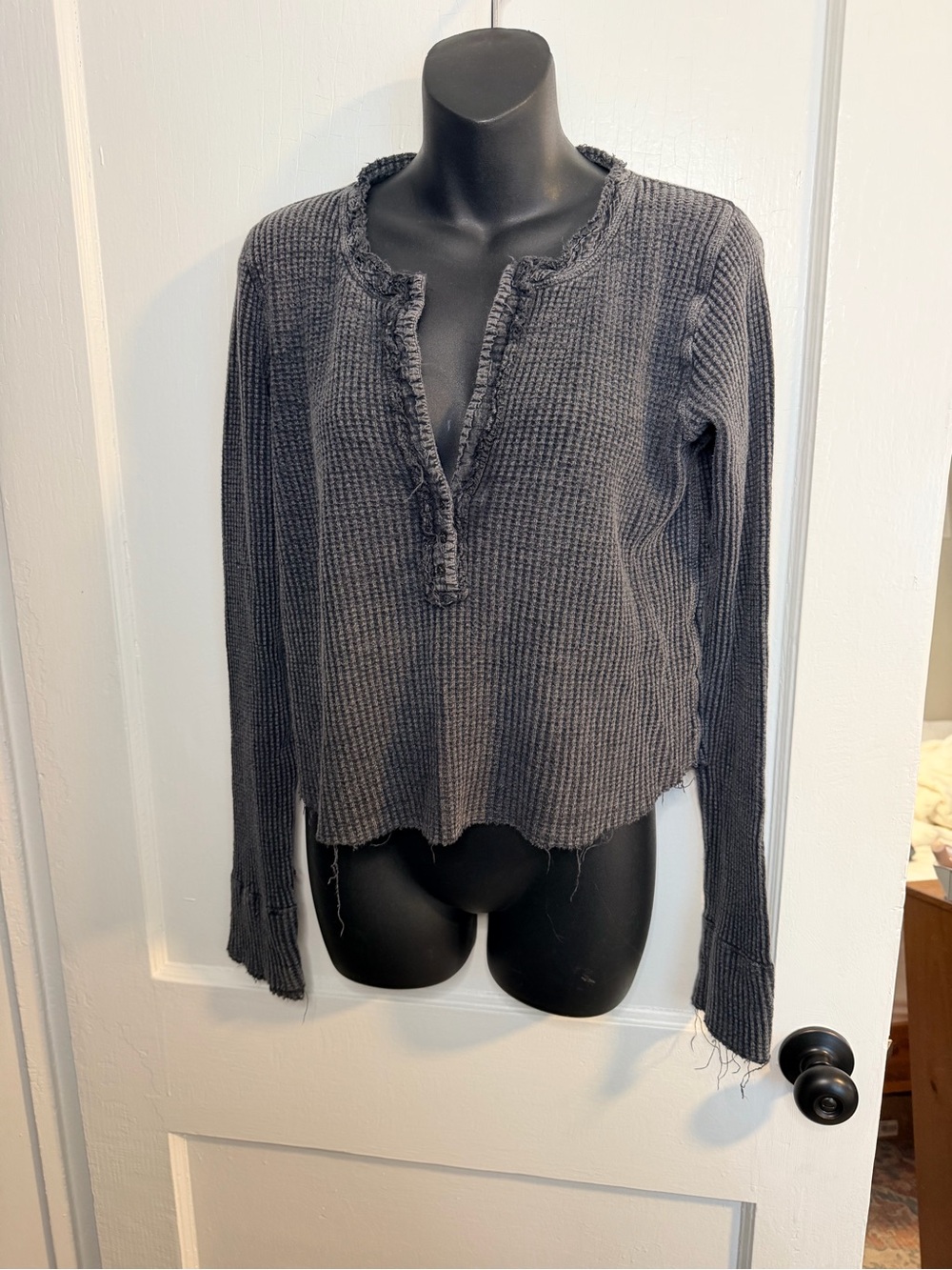Free people charcoal gray waffle knit raw edge - Picture 2 of 7